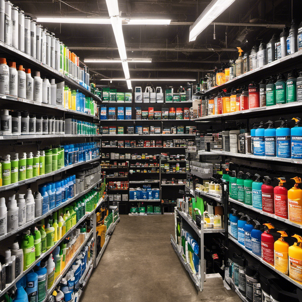 An image showcasing a well-lit hardware store aisle with neatly arranged shelves, displaying a range of Campbell Hausfeld airless house paint sprayers in various sizes and models, inviting readers to explore their options