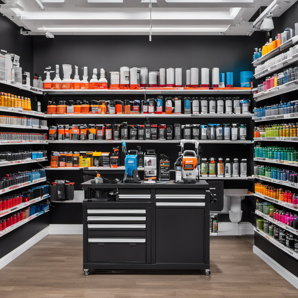 An image showcasing the Rexbeti Airless Paint Sprayer being sold at various reputable stores, with bright displays, neatly organized shelves, and knowledgeable staff assisting customers