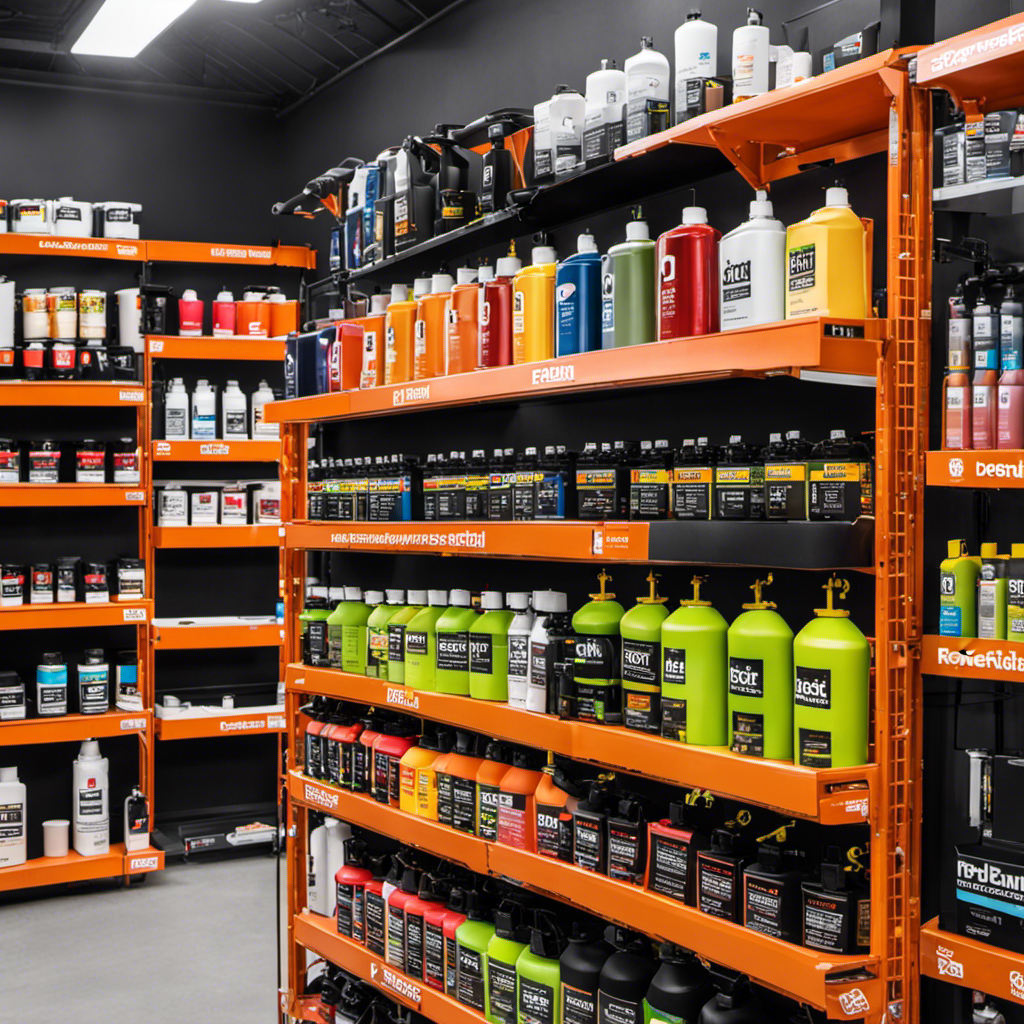 An image showcasing the Rexbeti Airless Paint Sprayer being sold at various reputable stores, with bright displays, neatly organized shelves, and knowledgeable staff assisting customers