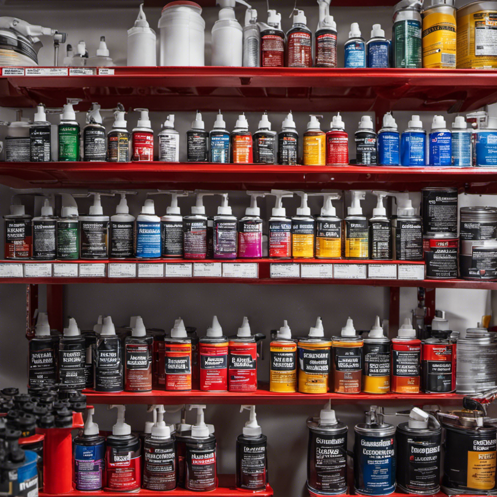 An image showcasing a well-organized workshop shelf filled with neatly arranged Campbell Hausfeld Airless Paint Sprayer parts for Model AL9415