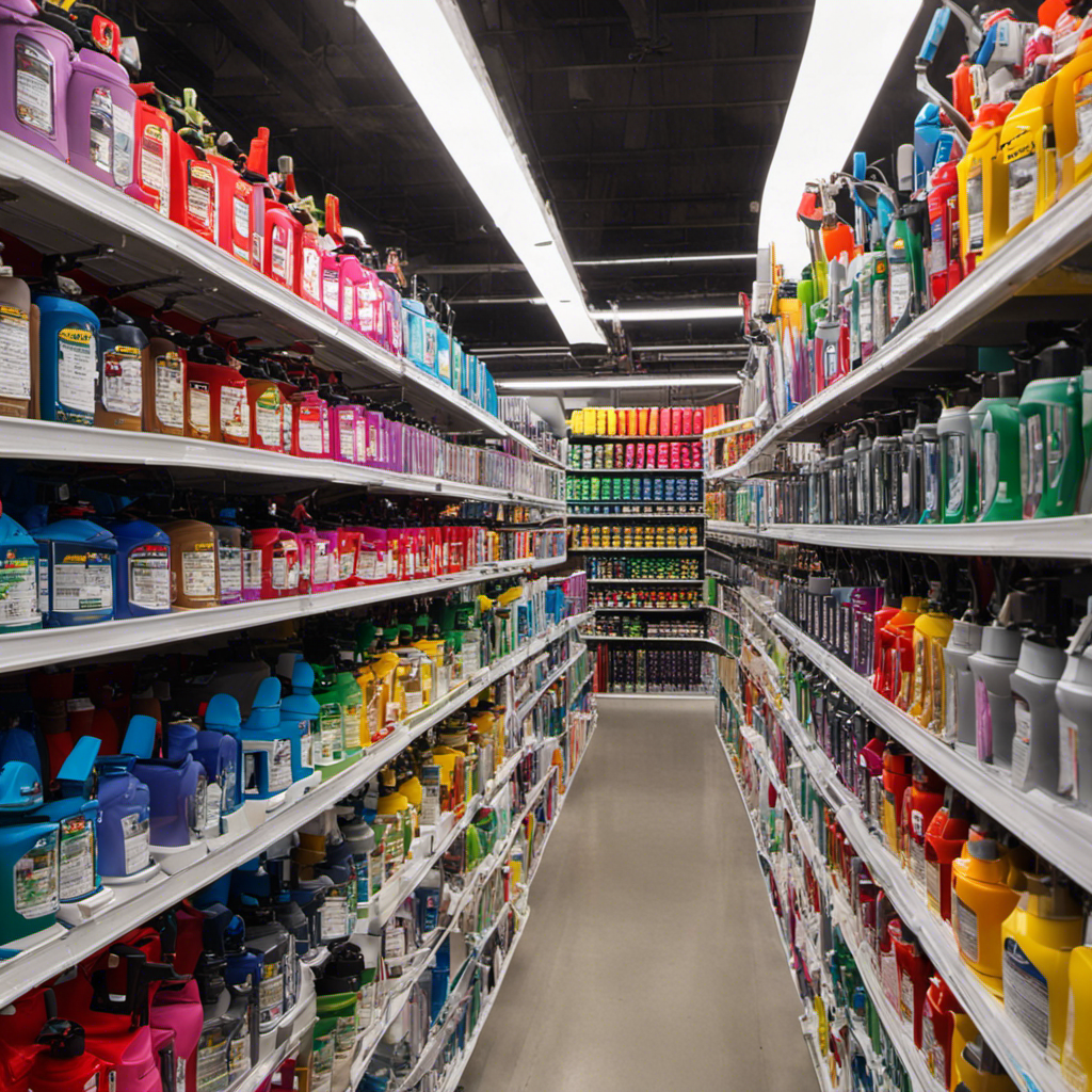 An image showcasing a well-stocked rental store with a vast array of airless paint sprayers neatly arranged on shelves