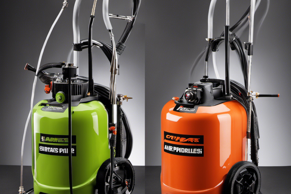 An image showcasing a side-by-side comparison of a compressed air paint sprayer and an airless paint sprayer