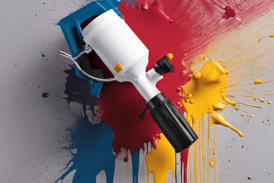 An image showcasing an airless paint sprayer with a clogged nozzle, spitting uneven blobs of paint onto a wall