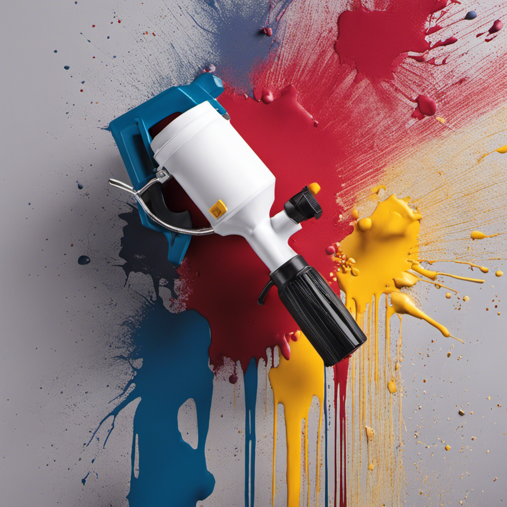 An image showcasing an airless paint sprayer with a clogged nozzle, spitting uneven blobs of paint onto a wall