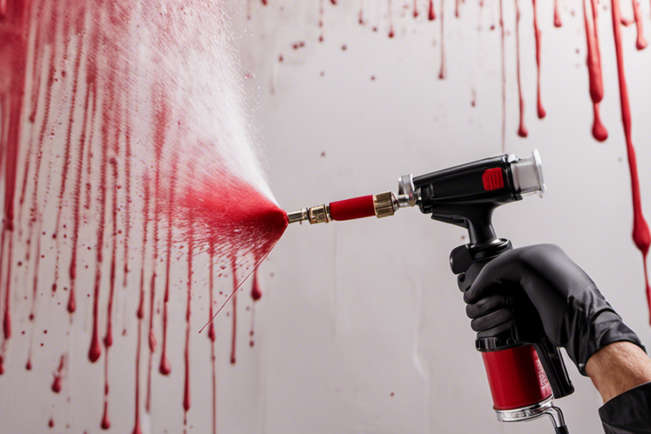 An image showcasing an airless paint sprayer with a clogged nozzle, spitting uneven blobs of paint onto a wall