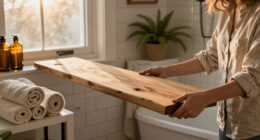 Hide Open Bathroom Shelves With One Piece Of Secondhand Wood