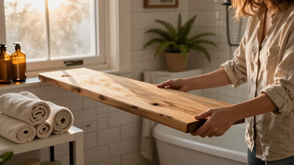 Hide Open Bathroom Shelves With One Piece Of Secondhand Wood