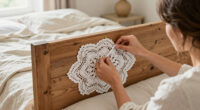 She Uses Doilies To Decorate A Headboard With Vintage Charm