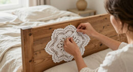 She Uses Doilies To Decorate A Headboard With Vintage Charm