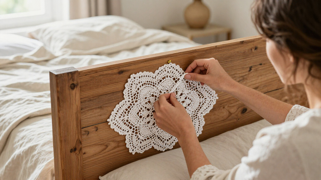 She Uses Doilies To Decorate A Headboard With Vintage Charm